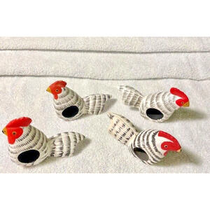 Chicken Napkin Holder Wood Figurine Hen Rooster Hand Painted Set of 4 - Vintage